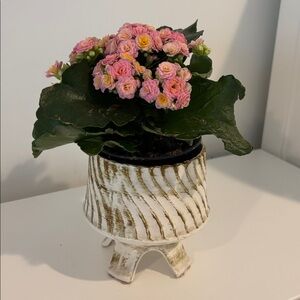 Vintage stoneware pottery plant pot pedestal bowl dish cream gold mid century